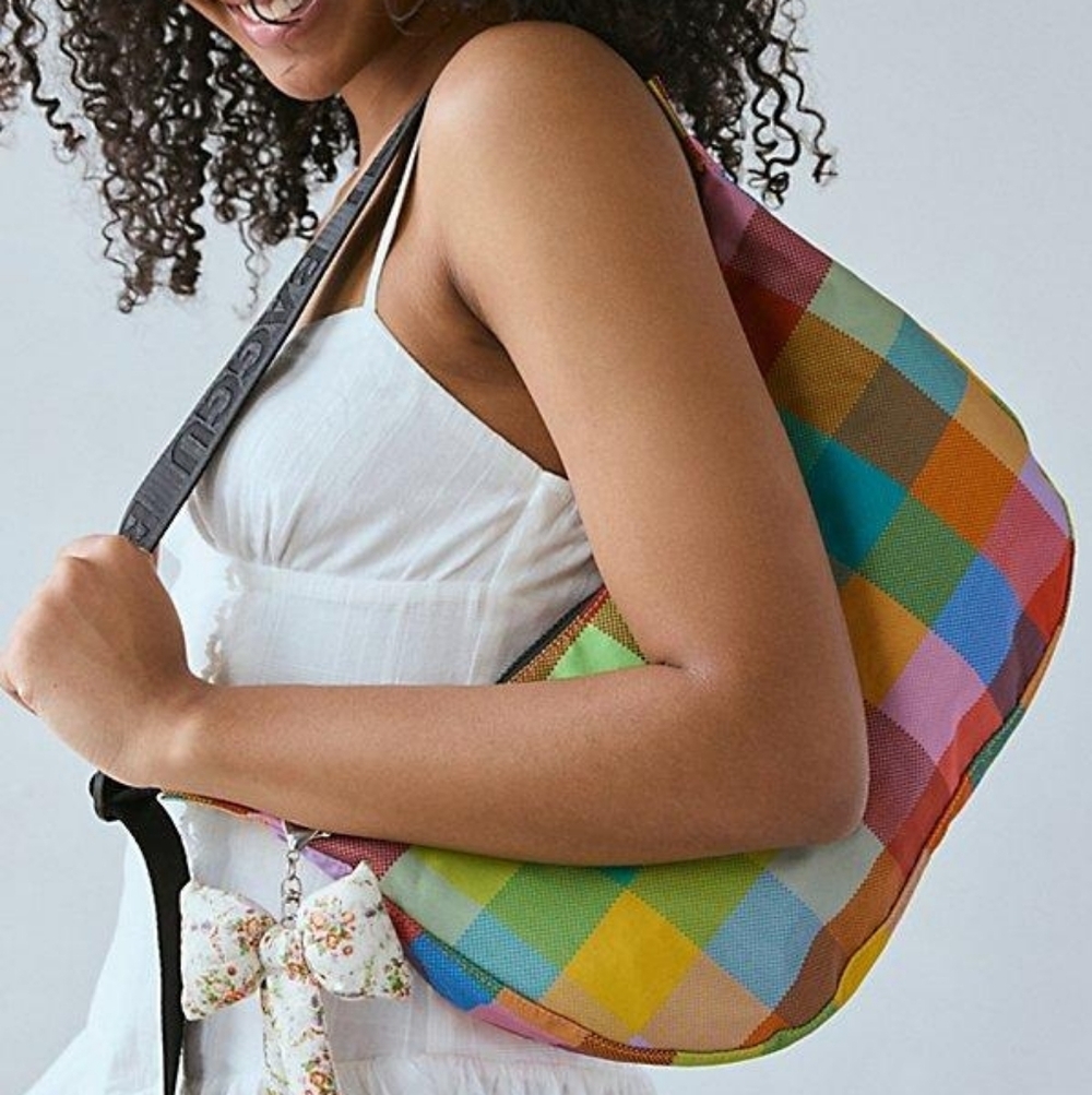 NWT BAGGU UO Exclusive Medium Nylon Crescent Bag Madras - LAST ONE